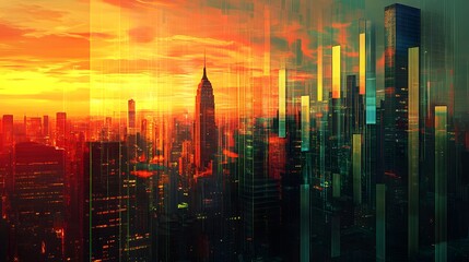 Fototapeta premium Stock bars climbing up with financial markets and modern towers in the distance