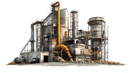 Abandoned Industrial Complex  Rusty Metal Factory  Post Apocalyptic Landscape  Isolated White Background