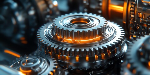 Close-up of shiny metal gears interlocked, creating a complex mechanical system with a glowing orange light emanating from the center.