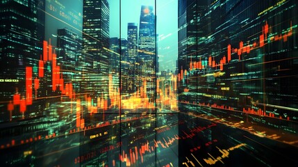 Fototapeta premium Stock chart increasing with city skyscrapers and stock exchange floors in the background