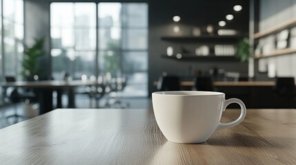 Fototapeta premium A white coffee cup sits on a wooden table in front of a modern office.