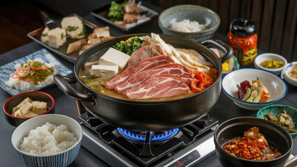 Fototapeta premium A large pot of food is on a stove with a variety of dishes surrounding it. Scene is inviting and warm, as it is a meal shared with friends or family
