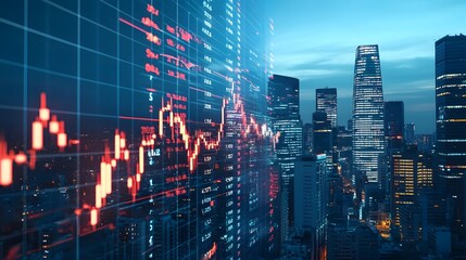 Stock bars on the rise with a city skyline filled with financial institutions