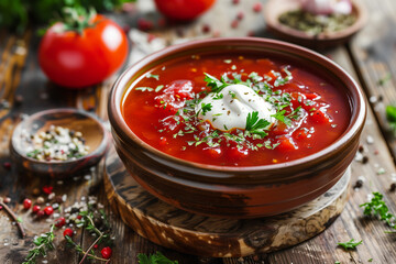  Bowl of hot tomato soup with fresh herbs and cream on rustic wood background
