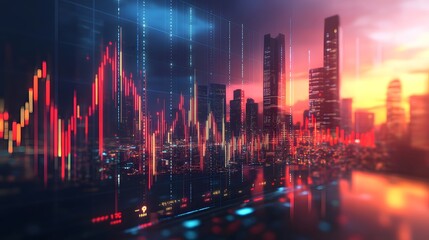 Stock bars on the rise with a city skyline filled with financial institutions