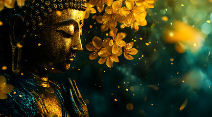 a golden Buddha statue in northern Laos on the left, with fragipany flowers in the background