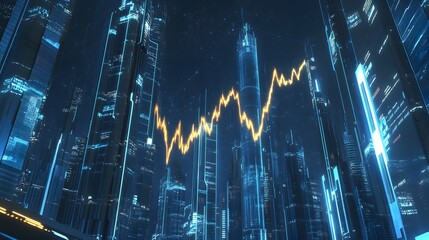 Stock graph moving upward in front of futuristic city skyscrapers