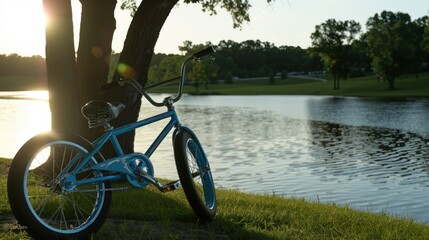 Fototapeta premium Blue Bicycle Parked by a Lake with Sunset Glare