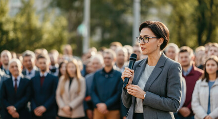 Obraz premium Woman doing a speech outdoor in front of a crowd.