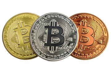 Black, Gold, and Copper Bitcoin Coins isolated on a transparent background