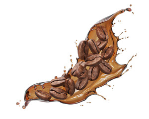 Coffee water splash with Coffee Bean falling, 3d illustration.