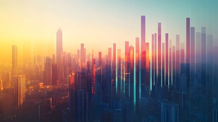 Rising bar chart of stocks with a busy city skyline and modern buildings