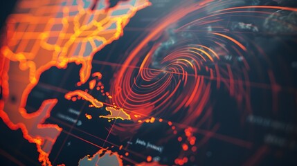 Obraz premium Weather radar displaying the predicted path of an approaching hurricane, emphasizing the importance of accurate meteorological data in disaster preparedness and response.