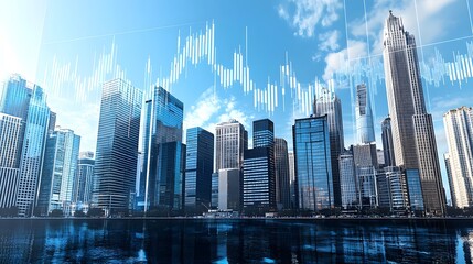 Fototapeta premium Bar chart of stocks rising with tall buildings in the backdrop of a busy city
