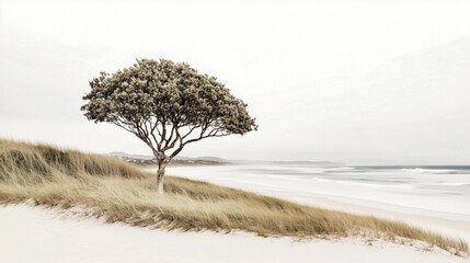A solitary tree stands on a sandy hill near the coastline. Tall grass sways around it, and in the background, the calm ocean with gentle waves is visible under a bright sky