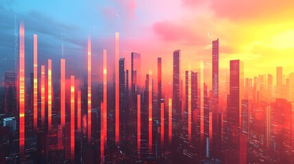 Financial bar chart of rising stocks with a backdrop of a modern city skyline