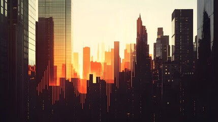 Fototapeta premium Rising bar chart with the silhouette of tall office buildings and a bustling stock market