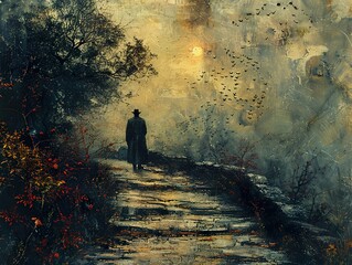 Fototapeta premium A Man Walks Alone on a Stone Path Through a Foggy Forest