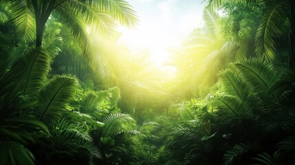 Obraz premium Lush tropical jungle with vibrant foliage and soft sunlight filtering through the leaves, creating a serene and peaceful atmosphere.
