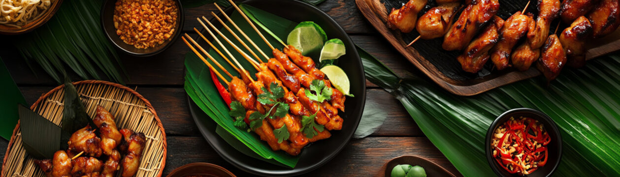 Assorted grilled skewers and chicken dishes on banana leaves with vibrant garnishes on a dark wooden table, emphasizing Asian cuisine.