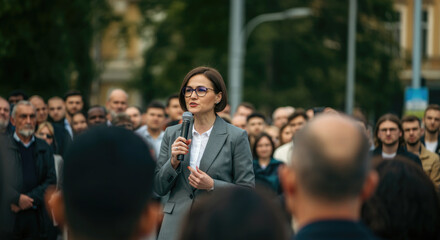 Obraz premium Woman doing a speech outdoor in front of a crowd.