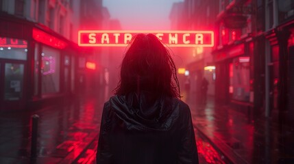 Woman Walking in a Neon Lit City Street