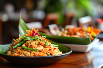 Delicious Asian cuisine with rice and vegetables presented on a black plate garnished with a flower, ideal for food promotion or menu design.