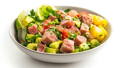 Fresh tuna salad with avocado, mango, and lime served in a white bowl with herbs and vegetables