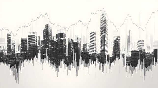 Stock chart climbing steadily with a modern skyline of skyscrapers