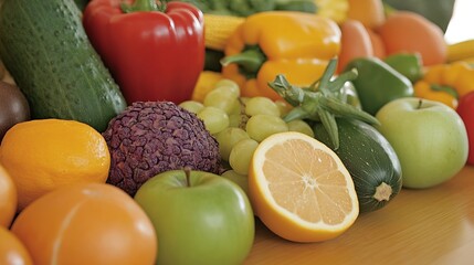 Close-up of vibrant fresh vegetables and fruits on wooden table, symbolizing healthy blood pressure foods, emphasizing natural nutrition and wellness.