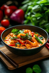 Delicious spicy shrimp curry served in a black bowl with fresh vegetables in the background. Perfect for food photography lovers.