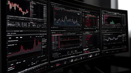 Fototapeta premium Stock trading interface displaying multiple charts and financial data across several windows