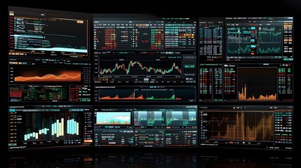 Stock trading interface displaying multiple charts and financial data across several windows