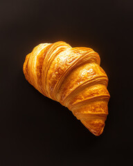 Golden, flaky croissant on a dark background, showcasing its layers and texture. Perfect for food breakfast and bakery themes.