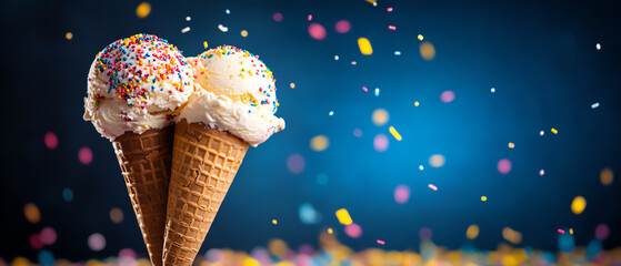 Two delicious ice cream cones with colorful sprinkles, set against a festive background with confetti. A fun and refreshing treat.