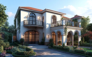 Fototapeta premium A white two-story Mediterranean style house with a terracotta tile roof and a balcony. 