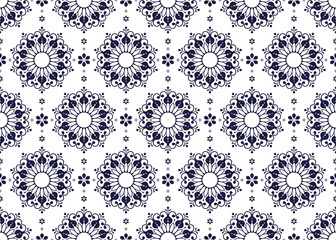 dark blue symbol floral Portuguese style on White background, ethnic fabric seamless pattern, design for cloth, carpet, batik, wallpaper, wrapping etc.