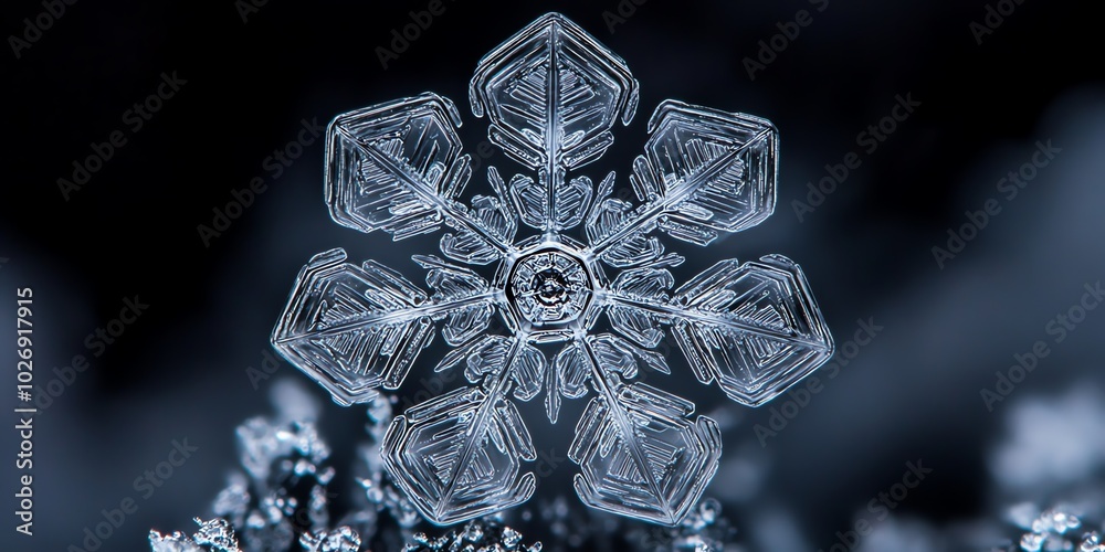 Poster A delicate snowflake with intricate patterns and symmetry, captured in close-up detail against a dark blue background.