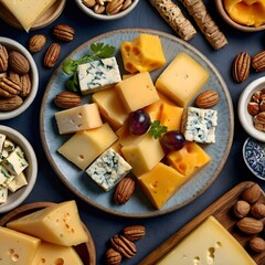 Close up cheese platter featuring assorted cheeses and grapes
