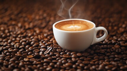 Obraz premium Coffee cup with steam on coffee beans.