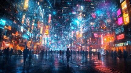 Obraz premium Futuristic cityscape at night, vibrant lights