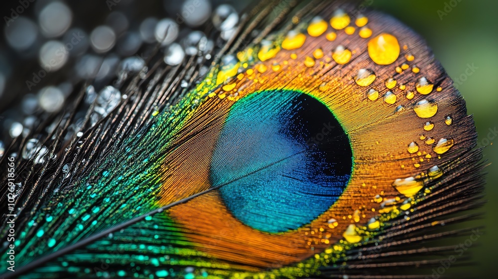 Poster a close-up of a peacock feather with water droplets on it.