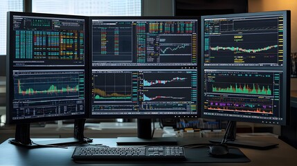 Computer screen with real-time stock trading data and multiple charts displayed