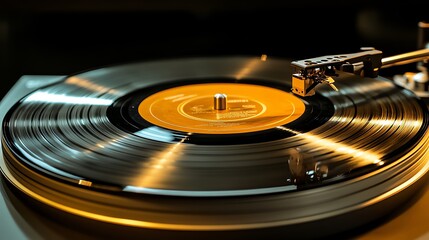 Close-up of a vinyl record spinning on a turntable.