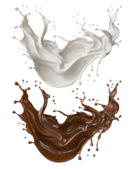 Milk and Chocolate splash, Milkshake and Cocoa pouring, include Clipping path, 3d illustration.