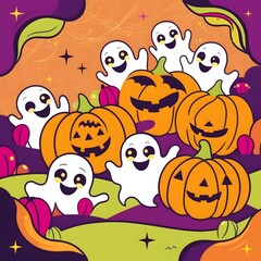 Obraz premium halloween background with pumpkins and ghost character