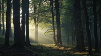 Fototapeta premium Enchanting Forest Sunbeams - Serene Nature Landscape