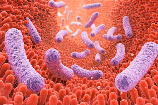 Medical illustration of probiotics fighting inflammatory bowel disease, 3d rendering.