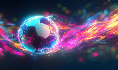 Dynamic Neon Football Action with Futuristic Geometric Patterns and Vibrant Light Trails for High-Energy Sports Advertising Backgrounds