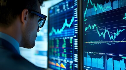 Professional investor studying stock market graphs on a widescreen monitor in a corporate office